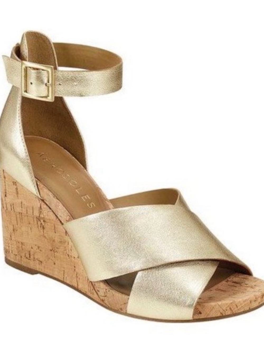 AEROSOLES Metallic Gold Cork Wedge Ankle-Strap Sandal